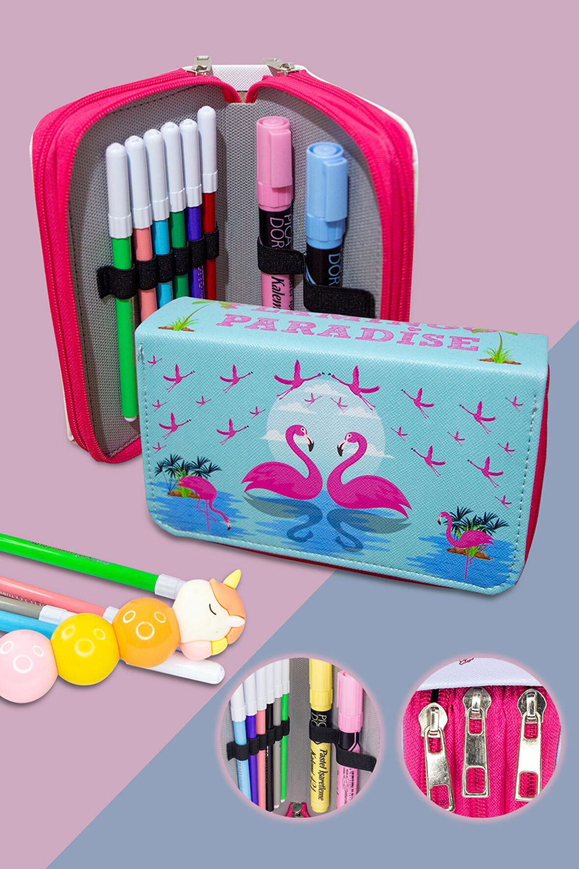 Kalem Kutusu  Flamingo Paradise Orginazer Üç Bölmeli Vegan Deri (Kalemlik)