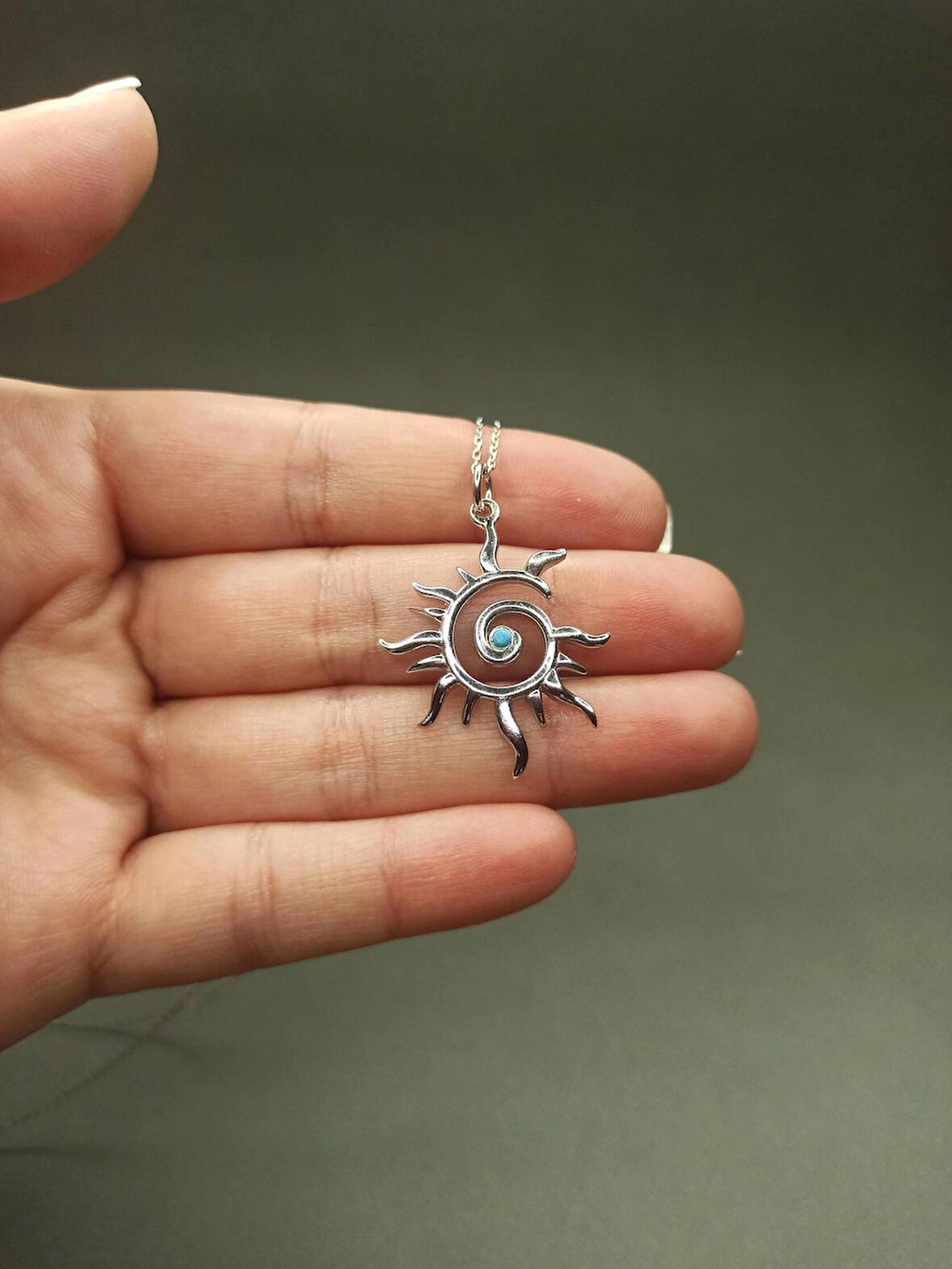 Turkuaz Taşlı Altın Güneş Kolyesi, 925 Ayar Gümüş Spiral Güneş Kolye, Anneler Günü Hediyesi
