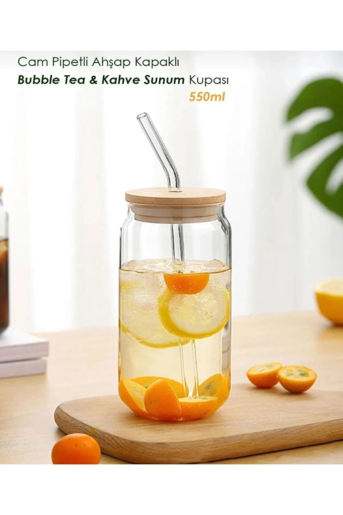 Isıya Dayanıklı Cam Pipetli Ahşap Kapaklı Bubble Tea Ve Borosilikat Bardak Kahve Sunum Bardağı 550ml