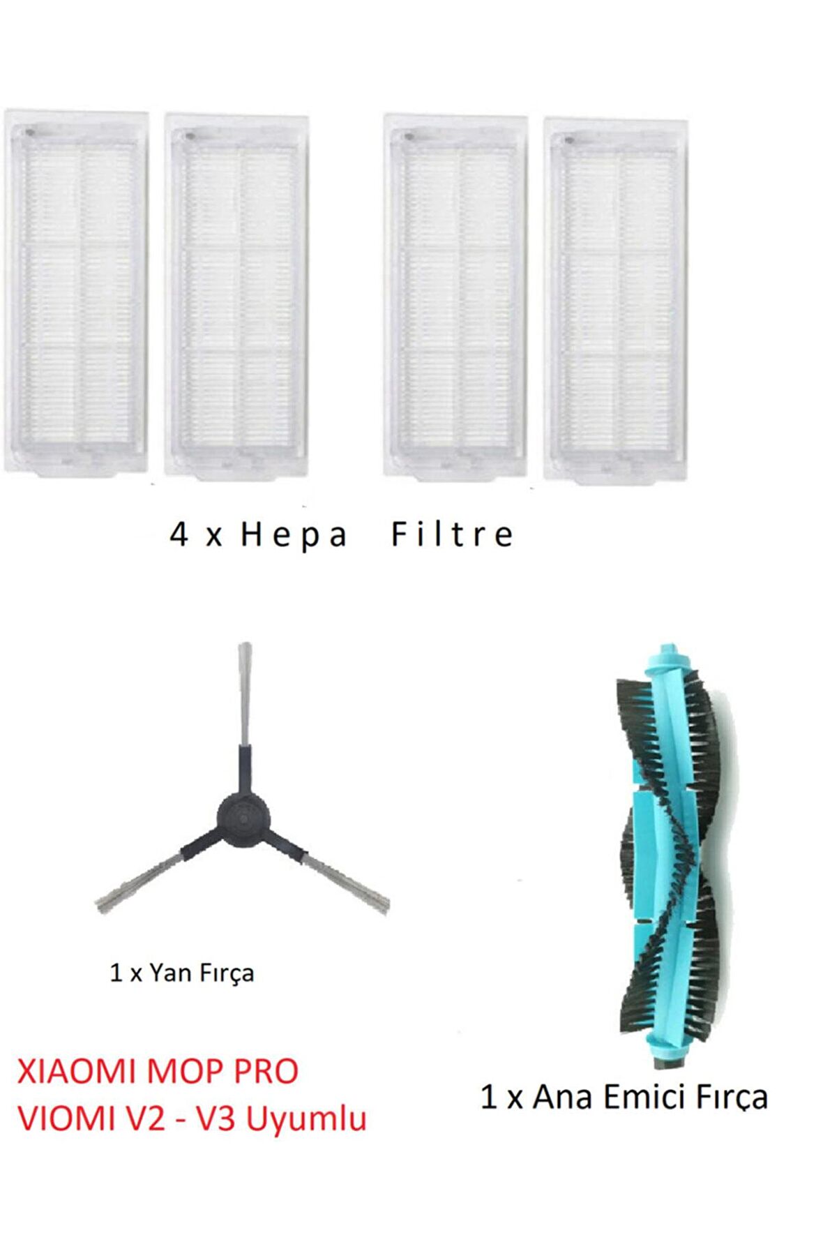 Srfn Ticaret Xıaomı Mop Pro - Viomi V2 V3 Uyumlu Hepa Filtre - Emici Ana Fırça - Yan Fırça