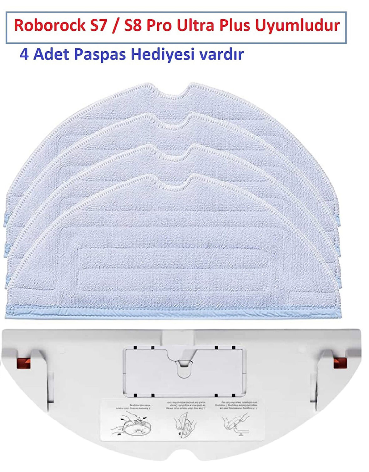 srfn ticaret Roborock S7+ / S8+ Ultra Pro Uyumlu Beyaz Mop Tutucu Aparat ve 4 Adet Fiber Mop Bez