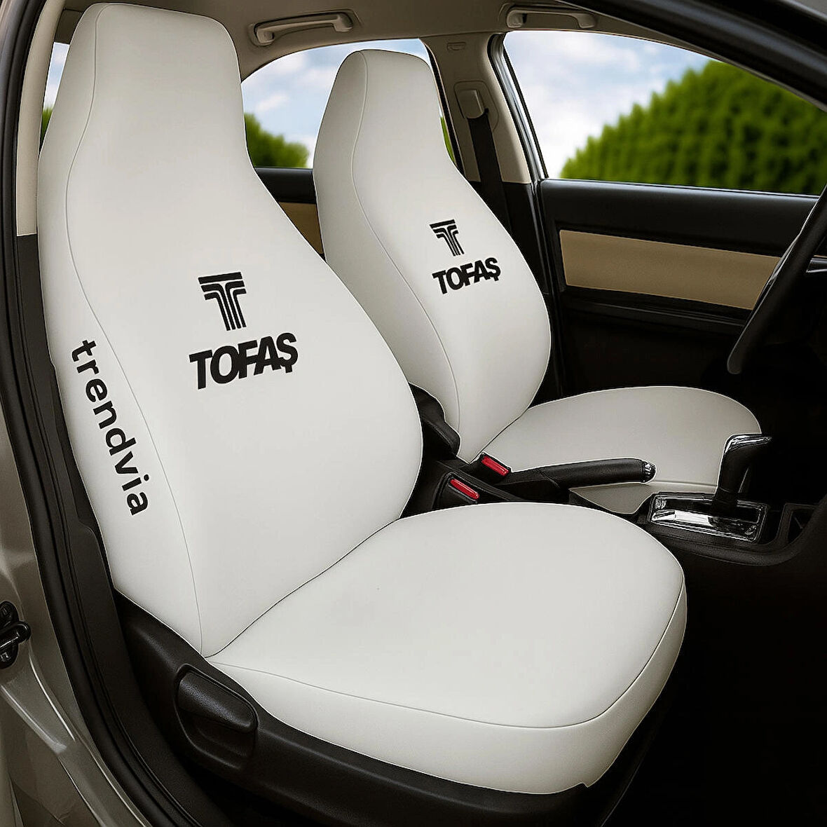 Beyaz TOFAŞ Logolu Penye Koltuk Kılıfı Takımı - Ön ve Arka Oto Servis Kılıfı Seti