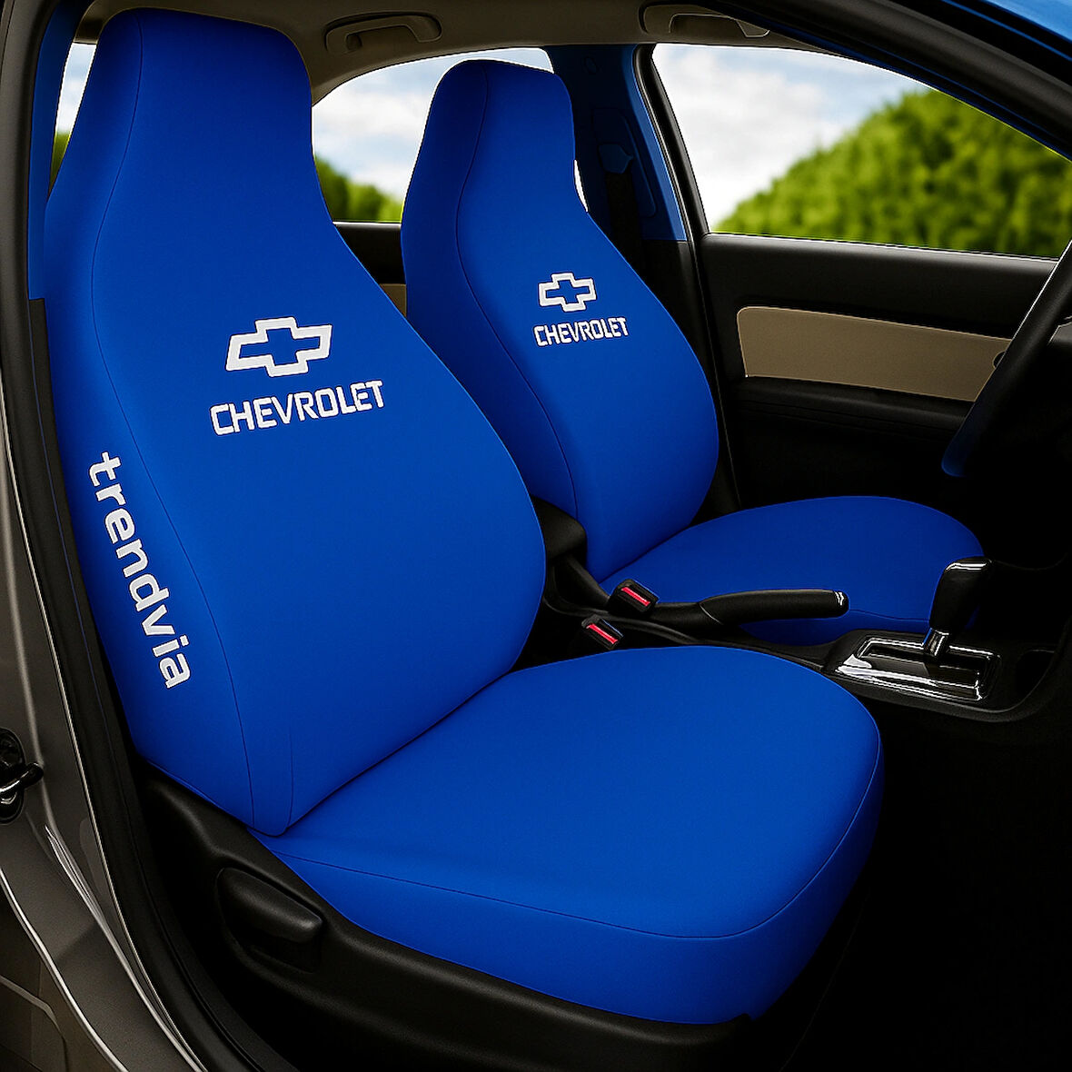 Chevrolet Logolu Mavi Oto Koltuk Kılıfı Takımı – Penye Kumaş, Ön ve Arka Koltuk Uyumlu