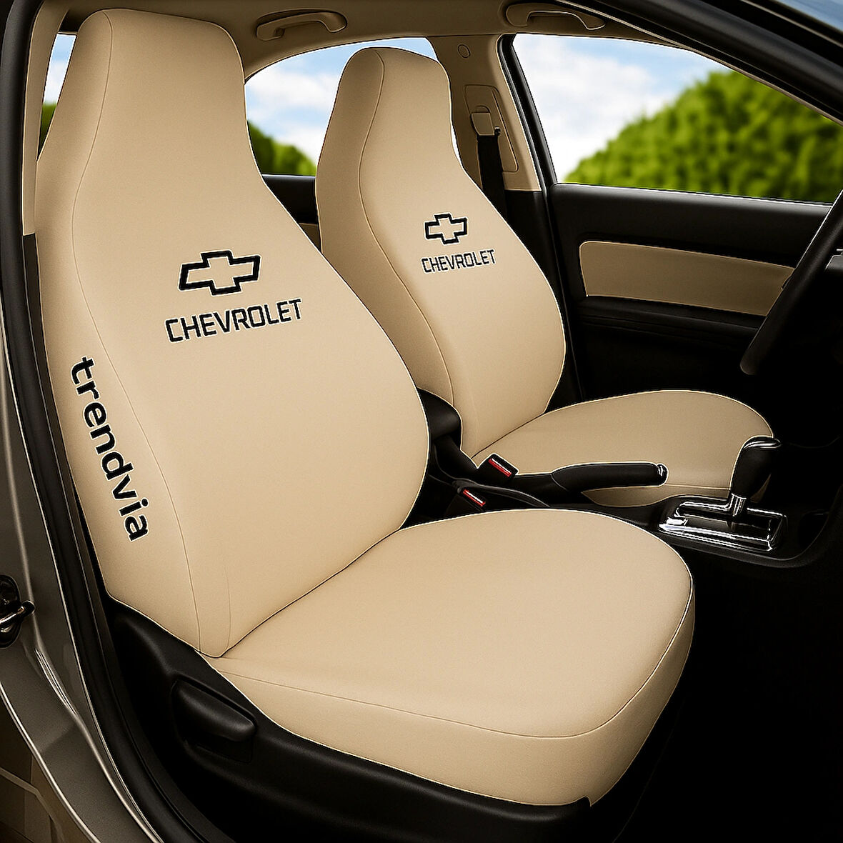 Chevrolet Logolu Açık Bej Penye Oto Koltuk Kılıfı – Ön ve Arka Koltuklara Uygun Takım