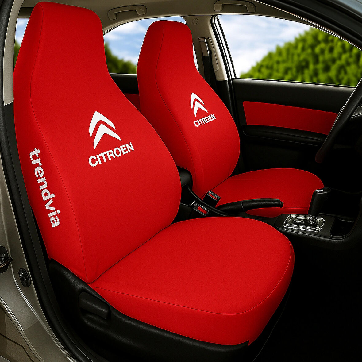 Citroen Logolu Kırmızı Oto Servis Koltuk Kılıfı – Penye Kumaş Ön ve Arka Takım