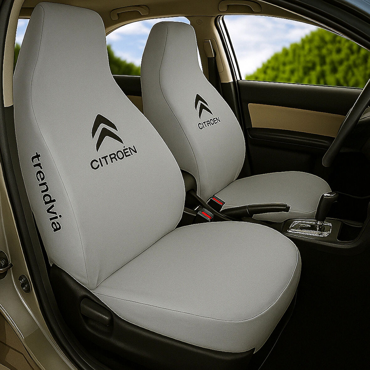 Citroen Logolu Açık Gri Oto Servis Koltuk Kılıfı – Penye Kumaş, Ön ve Arka Takım