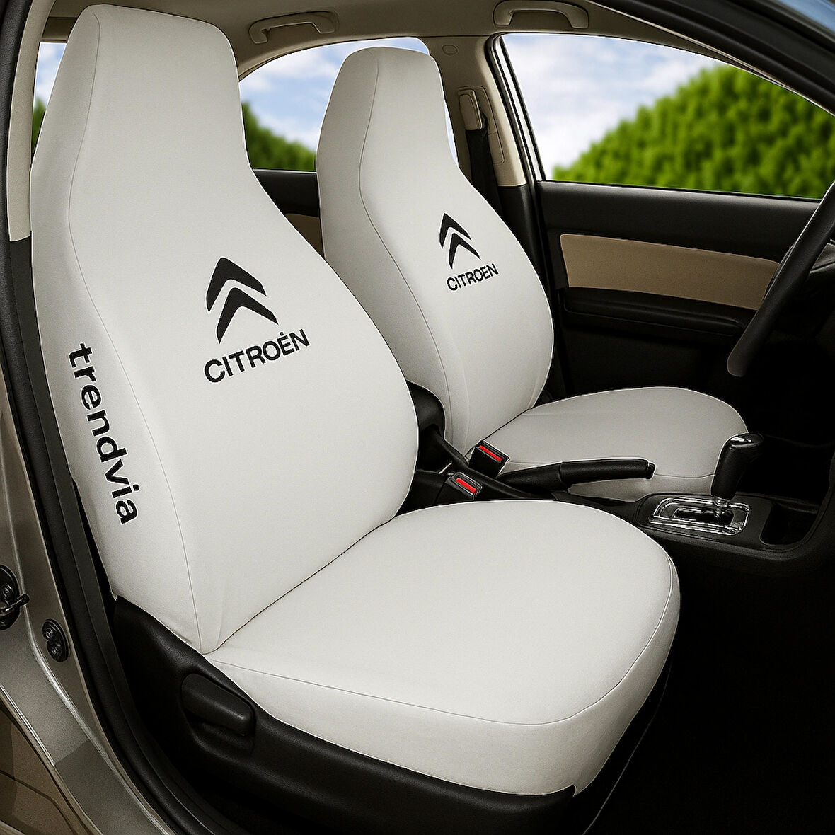Citroen Logolu Beyaz Penye Oto Servis Kılıfı – Ön ve Arka Koltuk Takımı