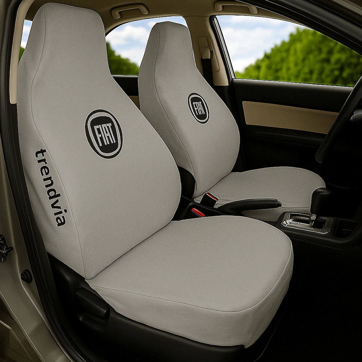Açık Gri Penye Kumaş Fiat Logolu Ön ve Arka Oto Koltuk Kılıfı Takımı - Servis Tipi Koruma