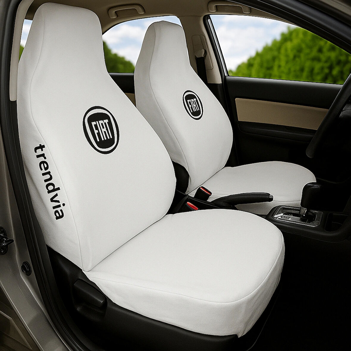 Beyaz Penye Kumaş Fiat Logolu Ön ve Arka Oto Koltuk Kılıfı Takımı - Servis Tipi