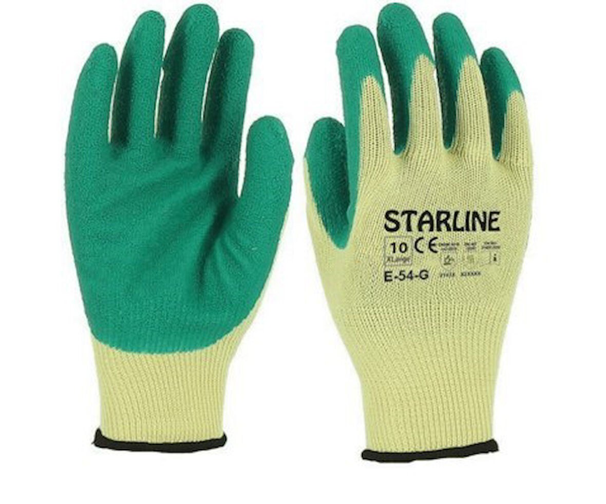 Starline E-54-G 1/2 Lateks Kaplı Polyester Astarlı Kaydırmaz Camcı İş Eldiveni EN388-2132X