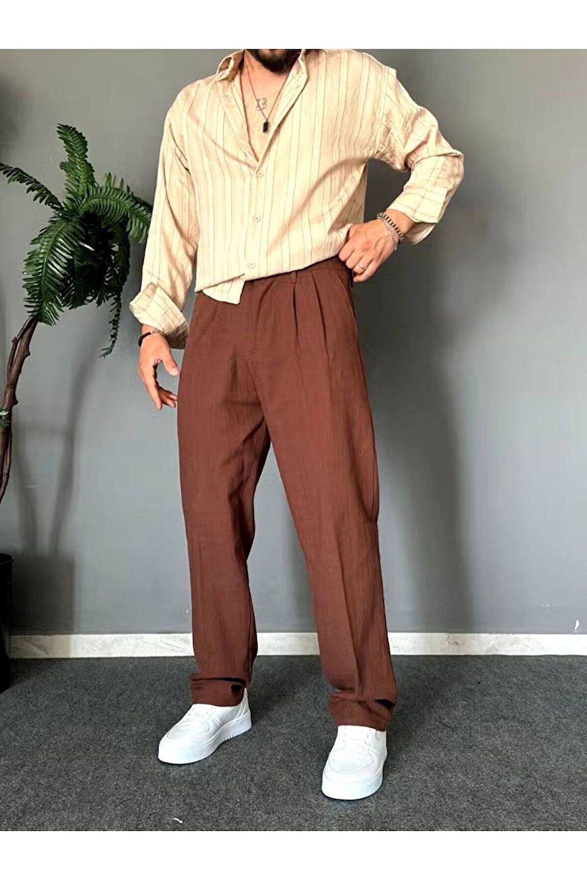 Old Money Pileli Baggy Kalıp Beli Lastikli Yazlık Keten Pantolon