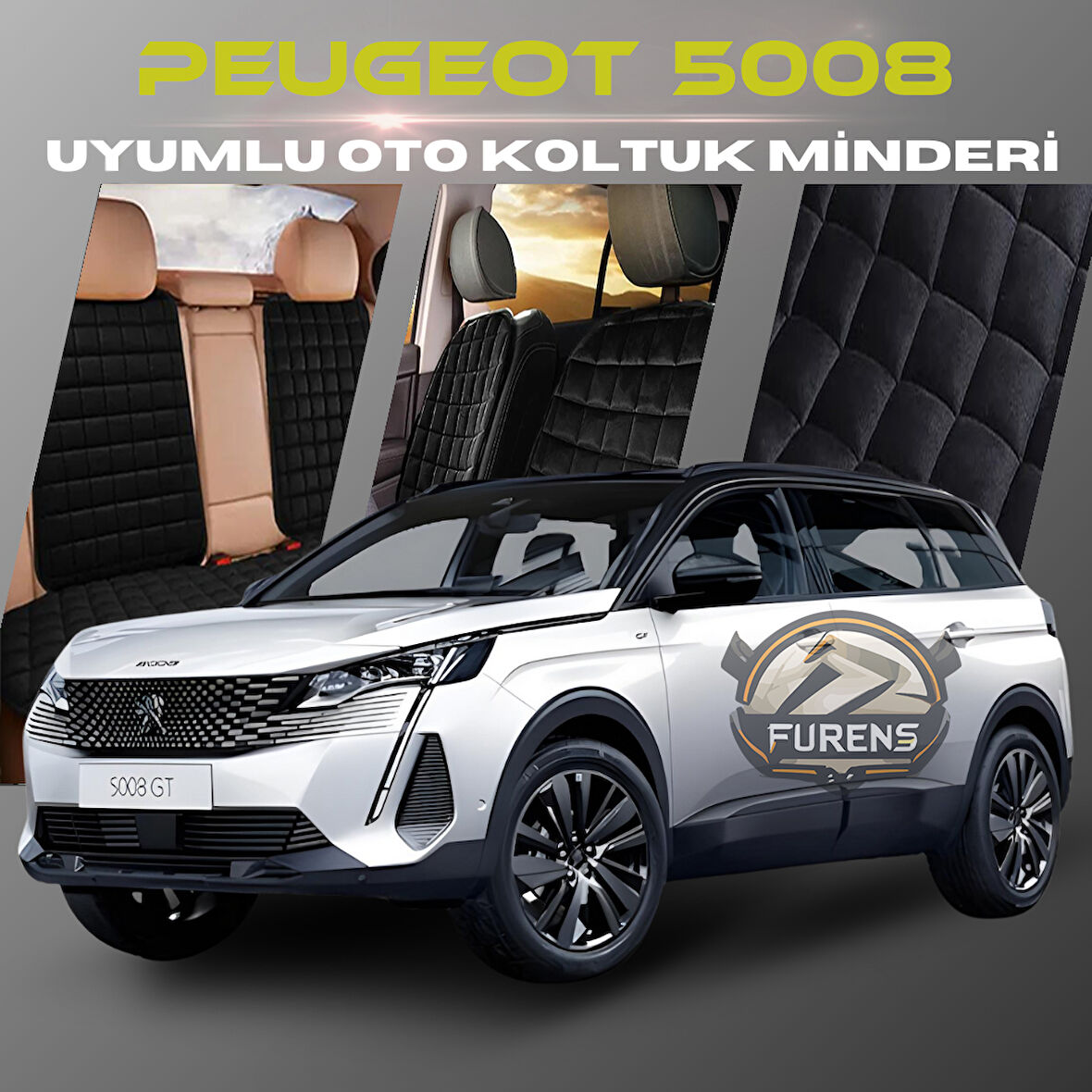 Peugeot 5008 Siyah Renk Tay Tüyü Cepli & Terletmez Sırtlı Oto Koltuk Minder Seti - Koltuk Koruma Kılıfı (ÖN & ARKA TAM SET)