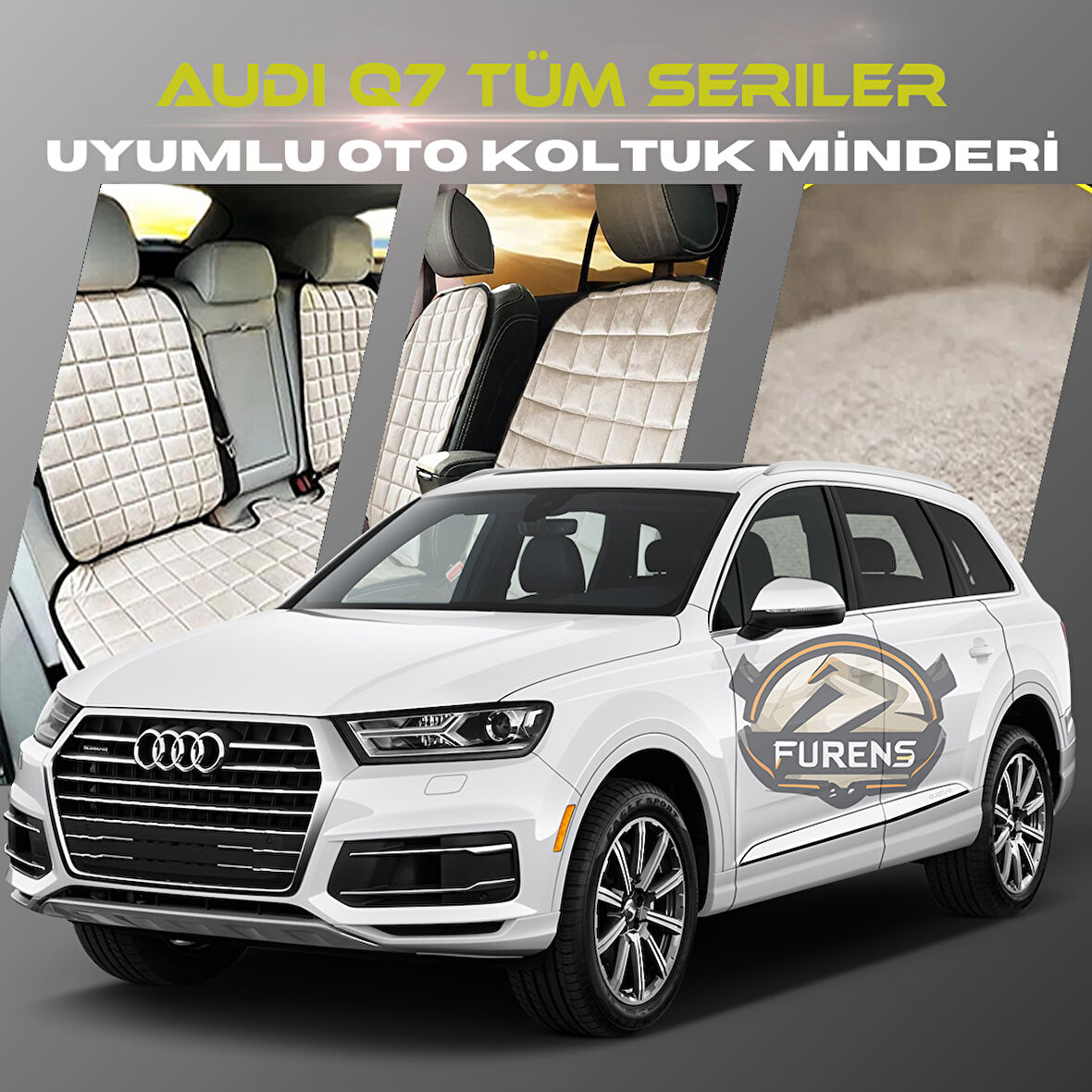 Audi Q7 Tüm Seriler Bej Renk Tay Tüyü Cepli & Terletmez Sırtlı Oto Koltuk Minder Seti - Koltuk Koruma Kılıfı (ÖN & ARKA TAM SET)