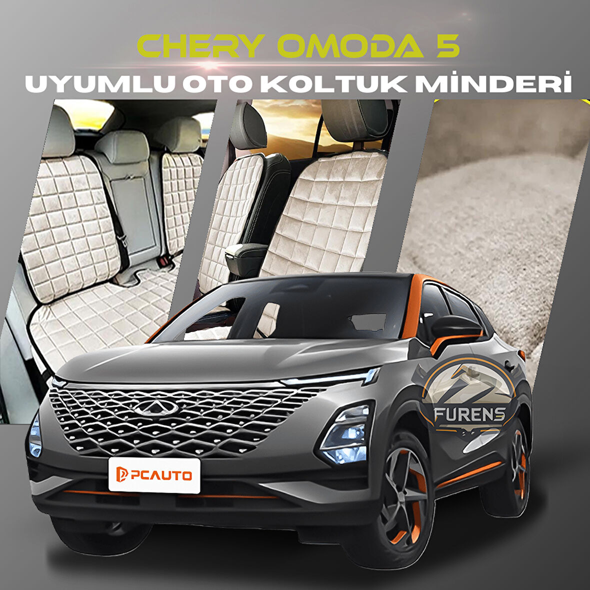 Chery Omoda 5 Bej Renk Tay Tüyü Cepli & Terletmez Sırtlı Oto Koltuk Minder Seti - Koltuk Koruma Kılıfı (ÖN & ARKA TAM SET)