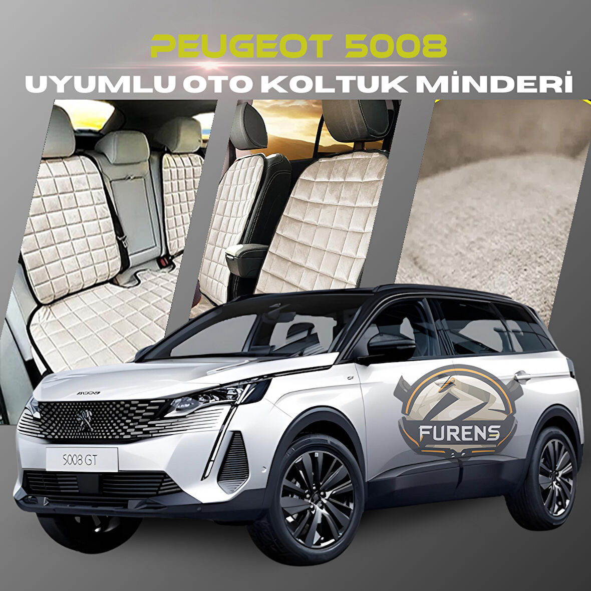 Peugeot 5008 Bej Renk Tay Tüyü Cepli & Terletmez Sırtlı Oto Koltuk Minder Seti - Koltuk Koruma Kılıfı (ÖN & ARKA TAM SET)