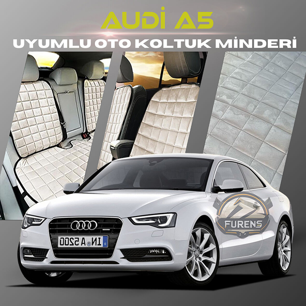 Audi A5 Bej Renk Tay Tüyü Cepli & Terletmez Sırtlı Oto Koltuk Minder Seti - Koltuk Koruma Kılıfı (ÖN & ARKA TAM SET)