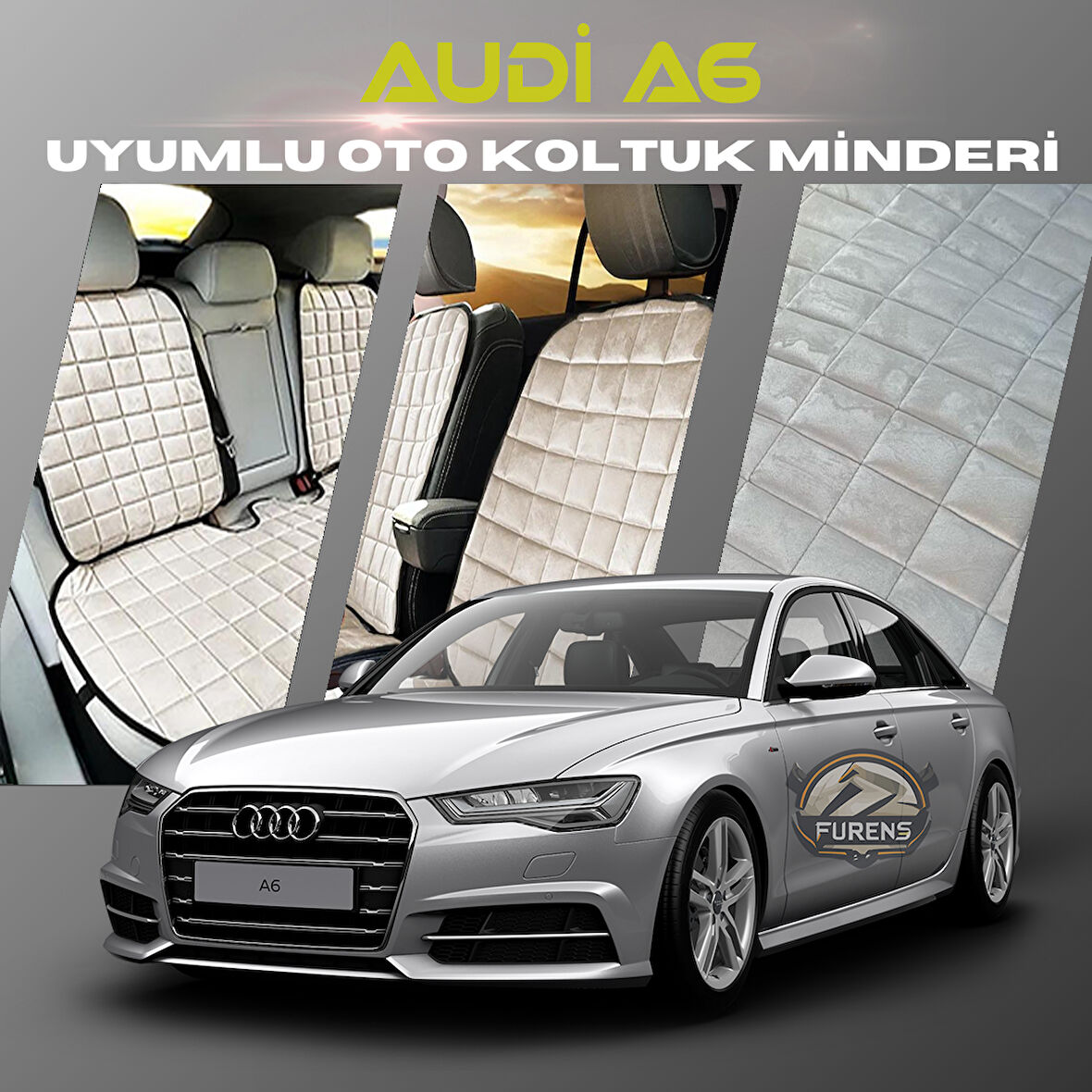 Audi A6  Bej Renk Tay Tüyü Cepli & Terletmez Sırtlı Oto Koltuk Minder Seti - Koltuk Koruma Kılıfı (ÖN & ARKA TAM SET)