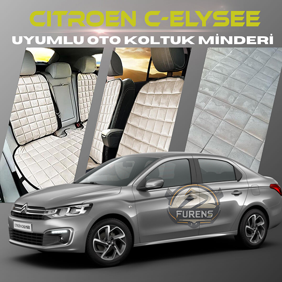 Citroen C-Elysee Bej Renk Tay Tüyü Cepli & Terletmez Sırtlı Oto Koltuk Minder Seti - Koltuk Koruma Kılıfı (ÖN & ARKA TAM SET)