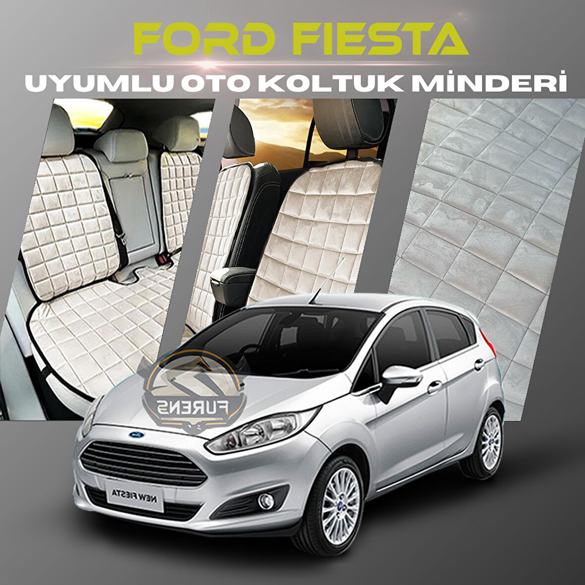Ford Fiesta Bej Renk Tay Tüyü Cepli & Terletmez Sırtlı Oto Koltuk Minder Seti - Koltuk Koruma Kılıfı (ÖN & ARKA TAM SET)