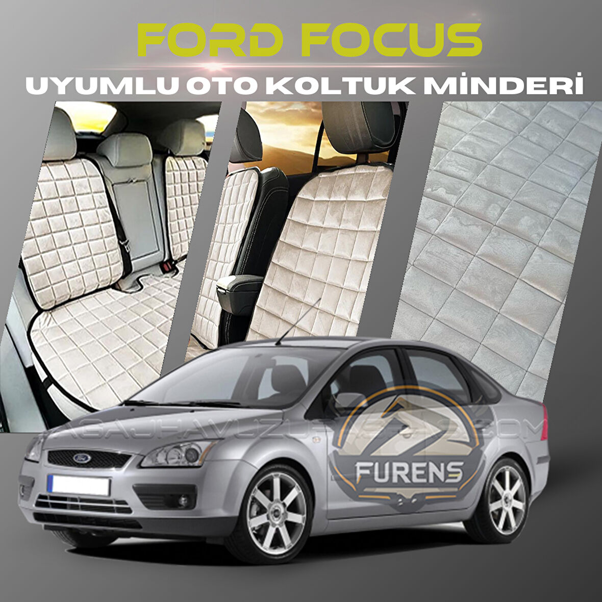 Ford Focus 2 Bej Renk Tay Tüyü Cepli & Terletmez Sırtlı Oto Koltuk Minder Seti - Koltuk Koruma Kılıfı (ÖN & ARKA TAM SET)