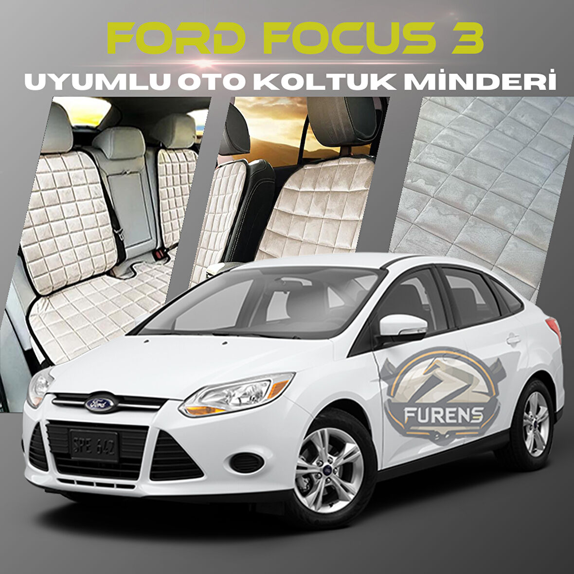 Ford Focus 3 Bej Renk Tay Tüyü Cepli & Terletmez Sırtlı Oto Koltuk Minder Seti - Koltuk Koruma Kılıfı (ÖN & ARKA TAM SET)