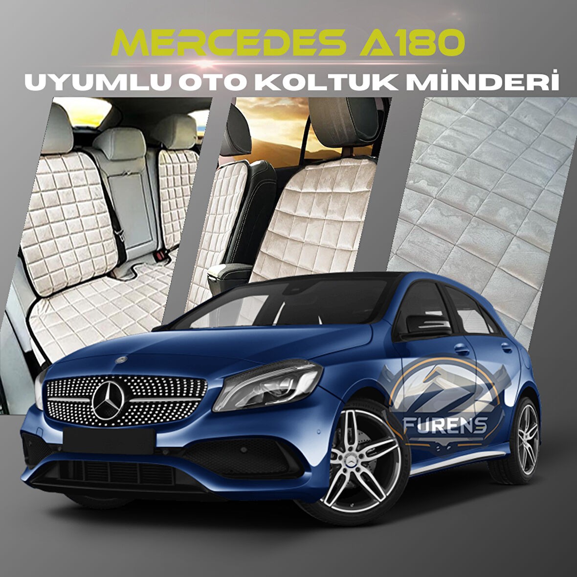 Mercedes A180 Bej Renk Tay Tüyü Cepli & Terletmez Sırtlı Oto Koltuk Minder Seti - Koltuk Koruma Kılıfı (ÖN & ARKA TAM SET)