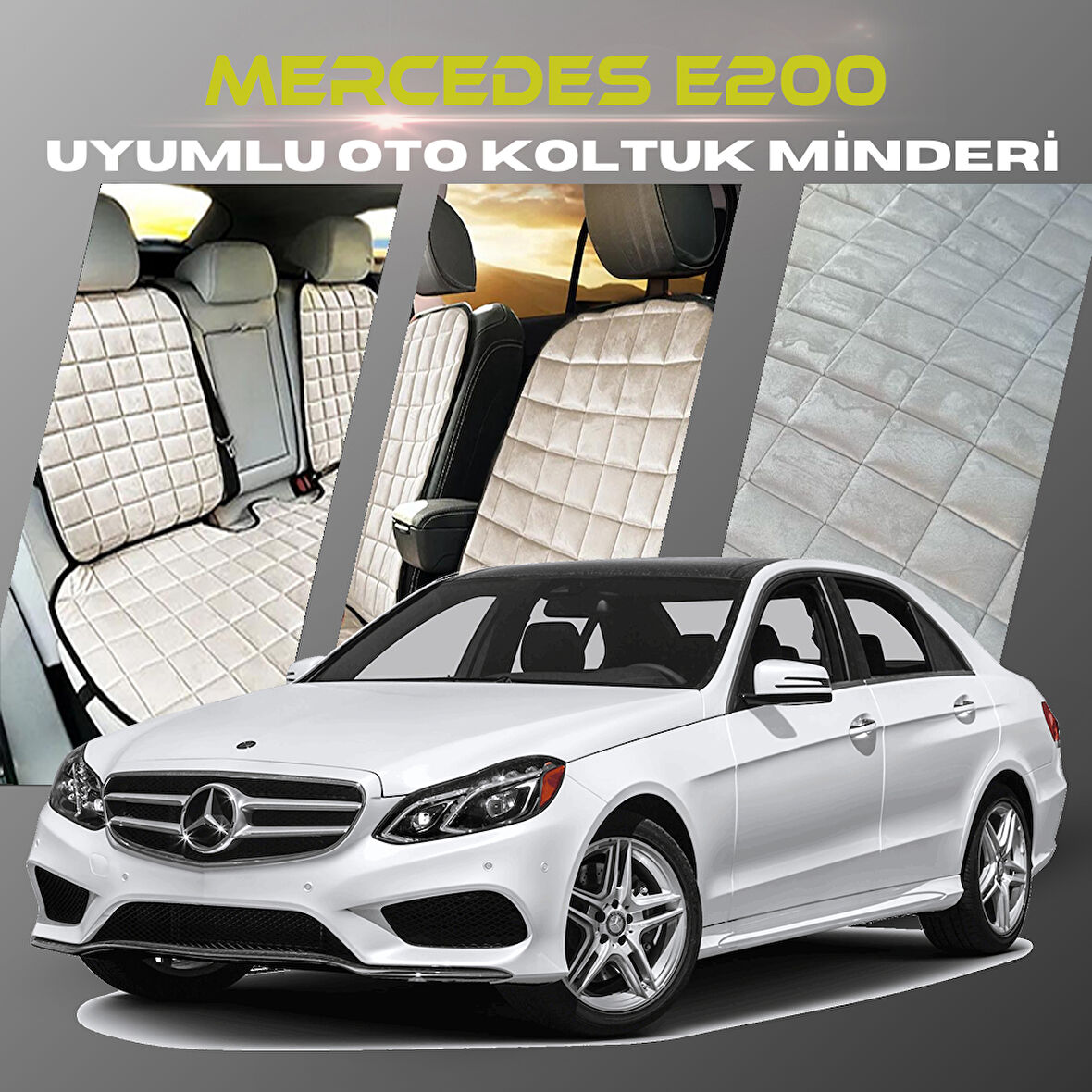Mercedes E200 Bej Renk Tay Tüyü Cepli & Terletmez Sırtlı Oto Koltuk Minder Seti - Koltuk Koruma Kılıfı (ÖN & ARKA TAM SET)