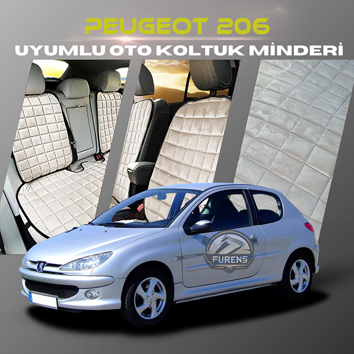 Peugeot 206 Bej Renk Tay Tüyü Cepli & Terletmez Sırtlı Oto Koltuk Minder Seti - Koltuk Koruma Kılıfı (ÖN & ARKA TAM SET)