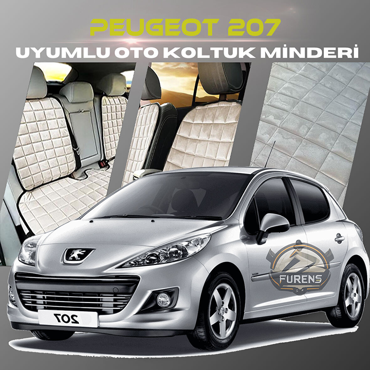 Peugeot 207 Bej Renk Tay Tüyü Cepli & Terletmez Sırtlı Oto Koltuk Minder Seti - Koltuk Koruma Kılıfı (ÖN & ARKA TAM SET)