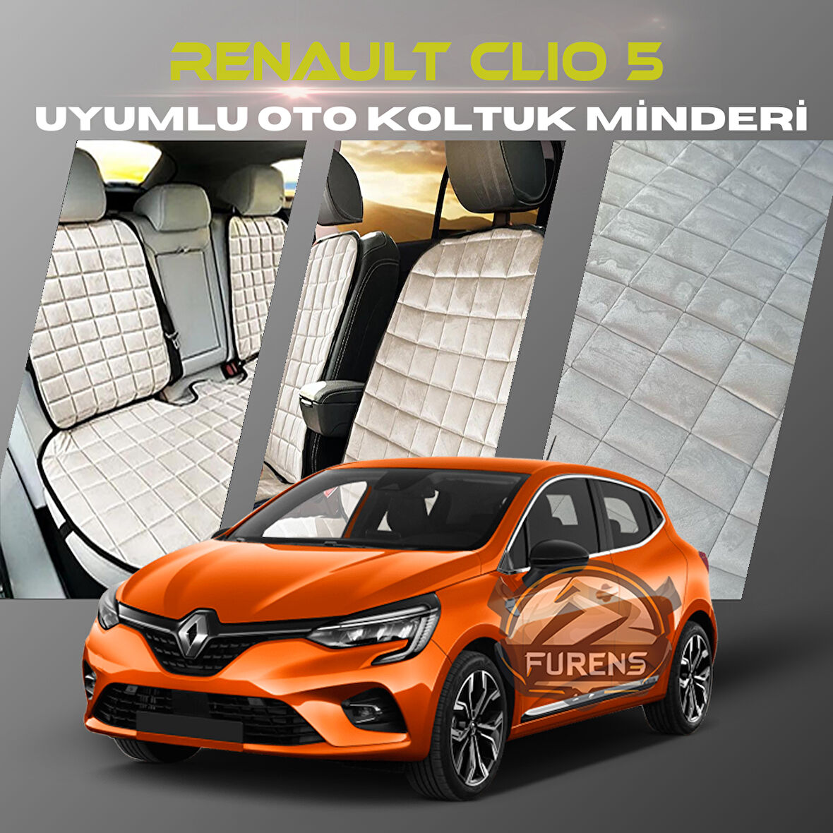 Renault Clio 5 Bej Renk Tay Tüyü Cepli & Terletmez Sırtlı Oto Koltuk Minder Seti - Koltuk Koruma Kılıfı (ÖN & ARKA TAM SET)