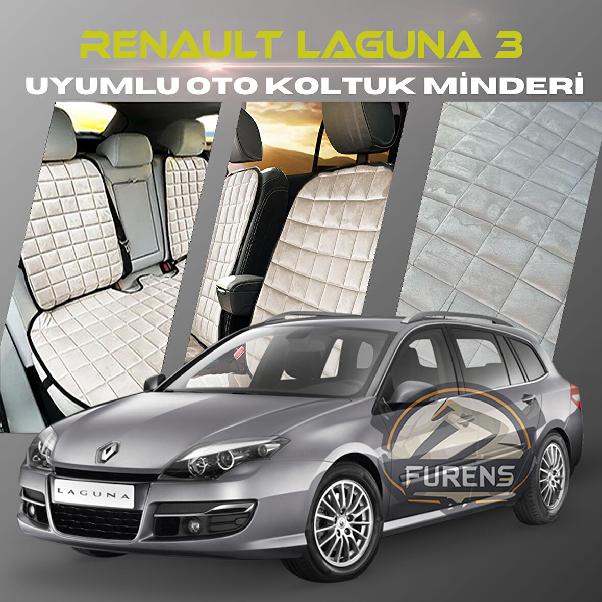 Renault Laguna 3 Bej Renk Tay Tüyü Cepli & Terletmez Sırtlı Oto Koltuk Minder Seti - Koltuk Koruma Kılıfı (ÖN & ARKA TAM SET)