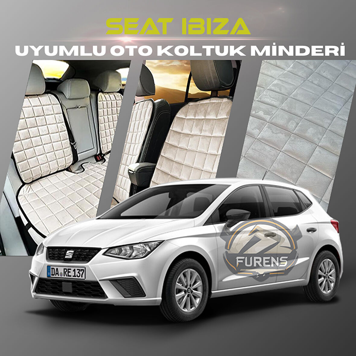 Seat Ibıza Bej Renk Tay Tüyü Cepli & Terletmez Sırtlı Oto Koltuk Minder Seti - Koltuk Koruma Kılıfı (ÖN & ARKA TAM SET)