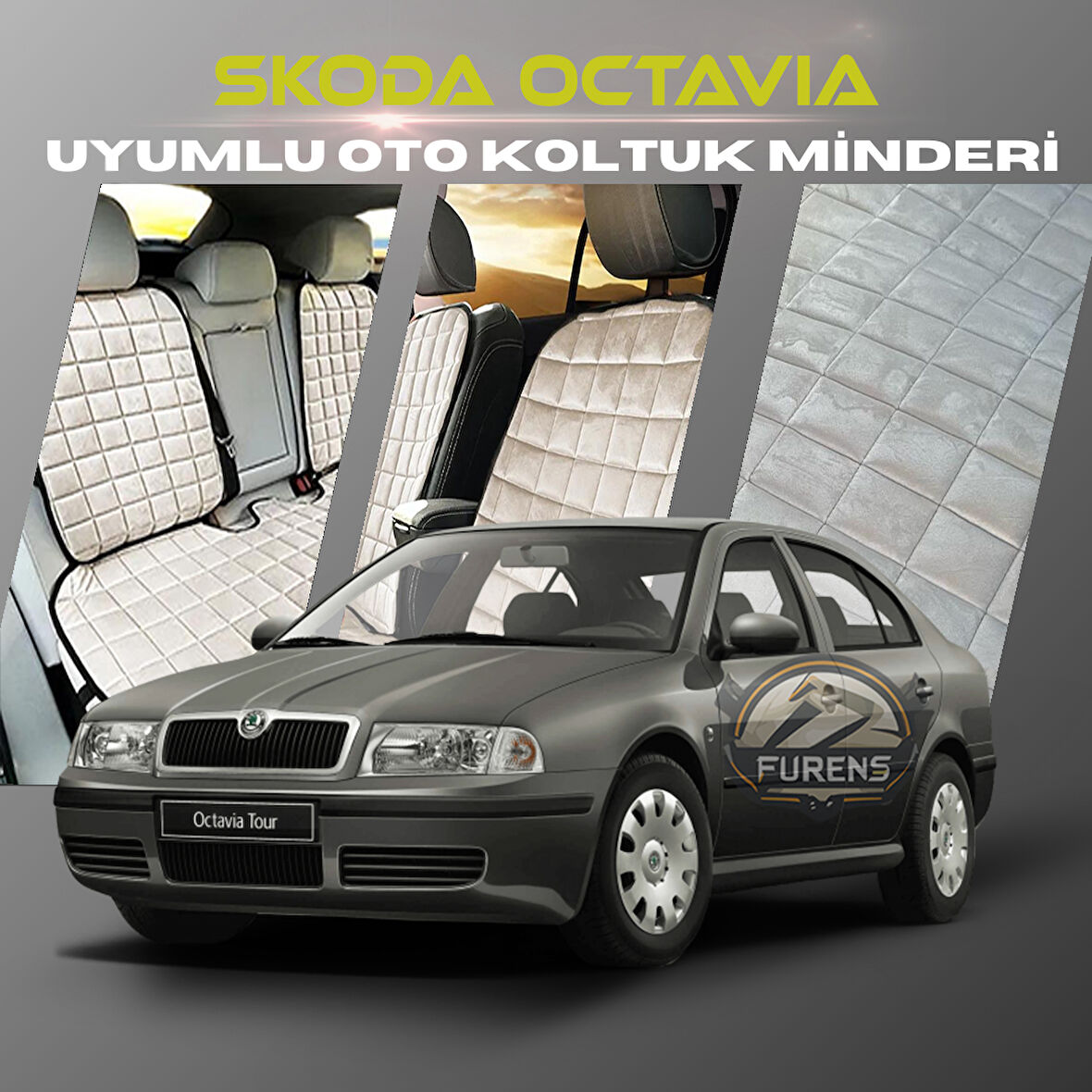 Skoda Octavia Bej Renk Tay Tüyü Cepli & Terletmez Sırtlı Oto Koltuk Minder Seti - Koltuk Koruma Kılıfı (ÖN & ARKA TAM SET)