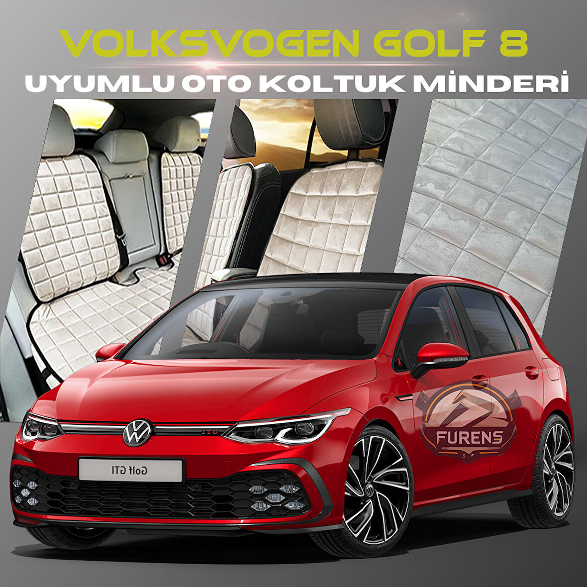 Volksvogen Golf 8 Bej Renk Tay Tüyü Cepli & Terletmez Sırtlı Oto Koltuk Minder Seti - Koltuk Koruma Kılıfı (ÖN & ARKA TAM SET)