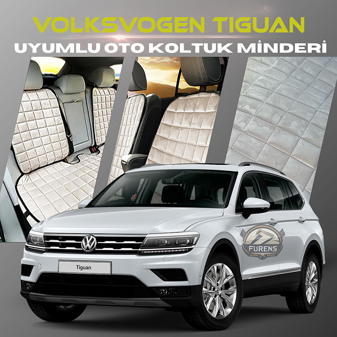 Volksvogen Tiguan Bej Renk Tay Tüyü Cepli & Terletmez Sırtlı Oto Koltuk Minder Seti - Koltuk Koruma Kılıfı (ÖN & ARKA TAM SET)