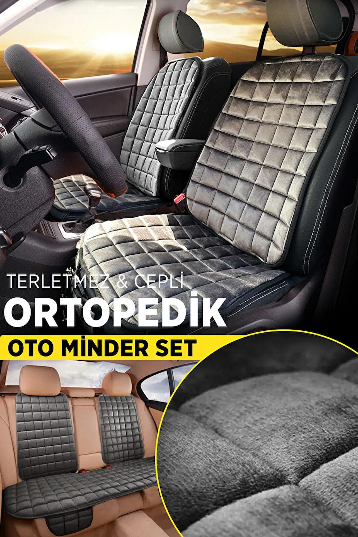 Ds Automobiles DS7 Antrasit Renk Tay Tüyü Cepli & Terletmez Sırtlı Oto Koltuk Minder Seti - Koltuk Koruma Kılıfı (ÖN & ARKA TAM SET)