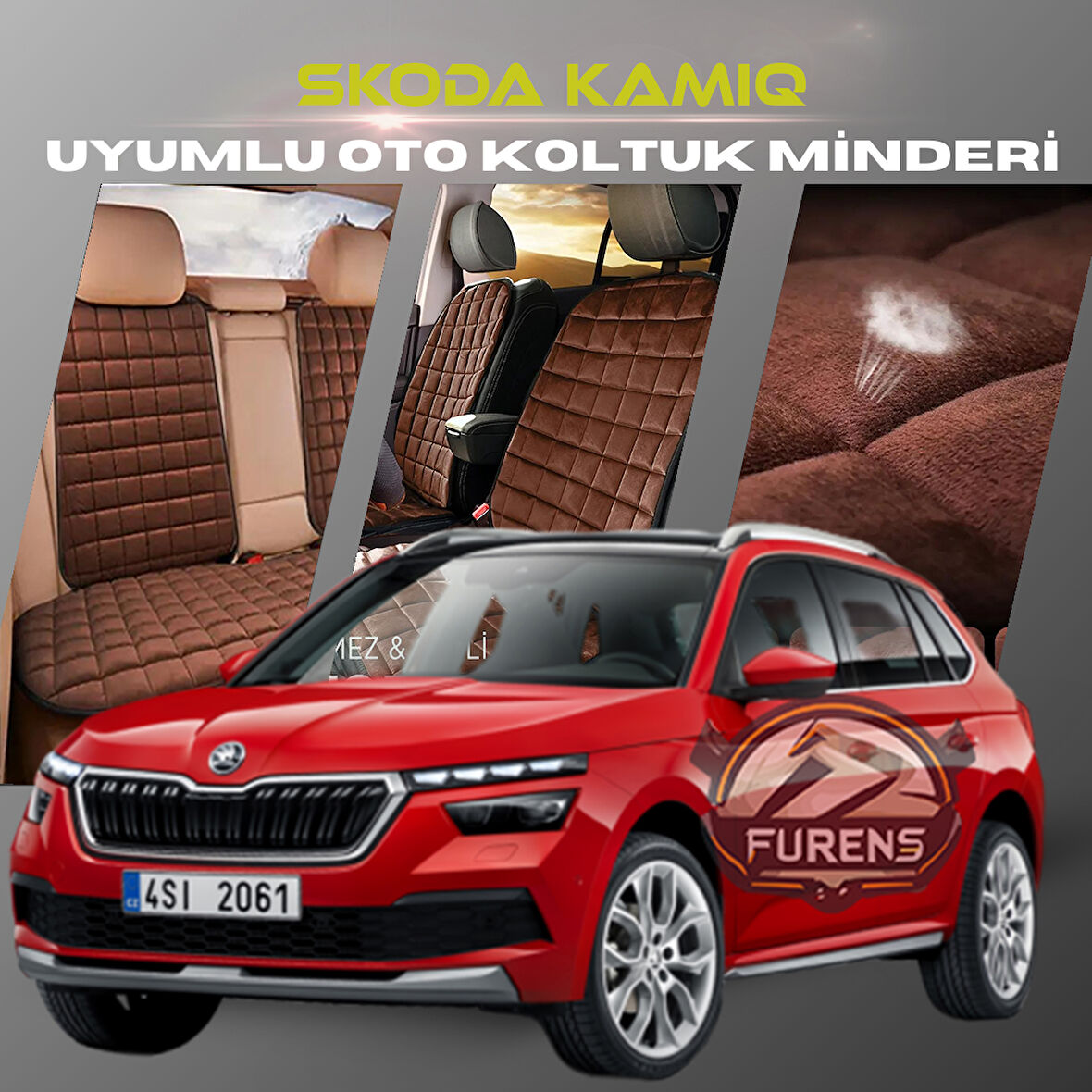 Skoda Kamiq Kahverengi Renk Tay Tüyü Cepli & Terletmez Sırtlı Oto Koltuk Minder Seti - Koltuk Koruma Kılıfı (ÖN & ARKA TAM SET)