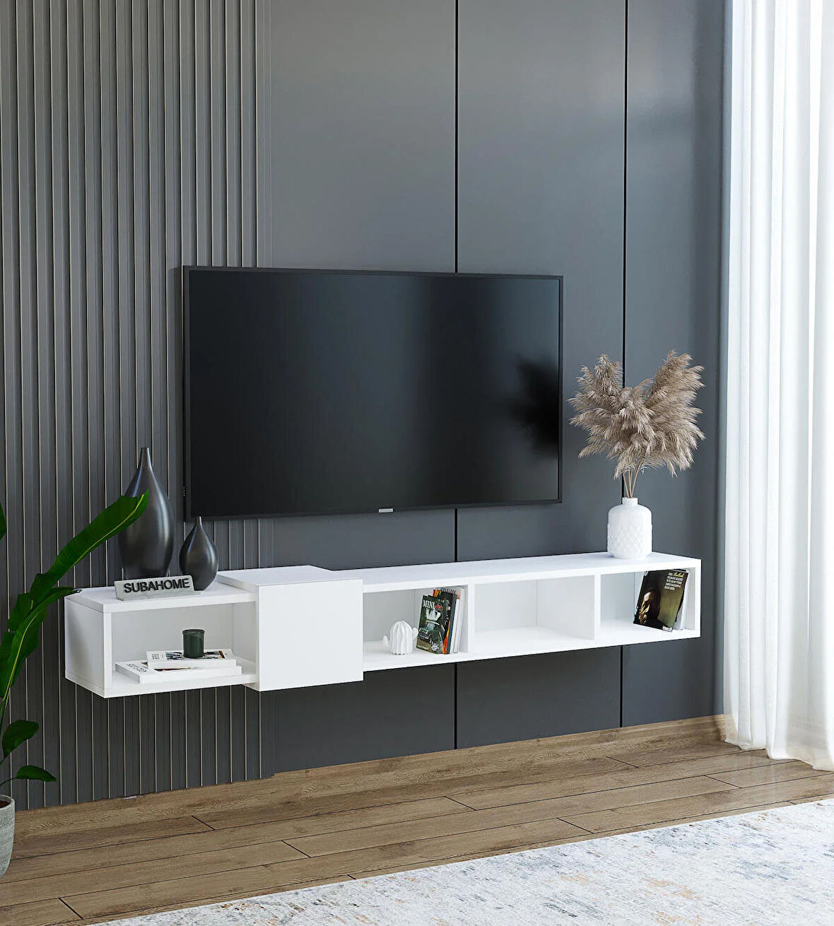 Slimline Beyaz Duvara Monte Açık Raflı Minimalist Tv Ünitesi  160 cm - Şık ve Fonksiyonel Tasarım