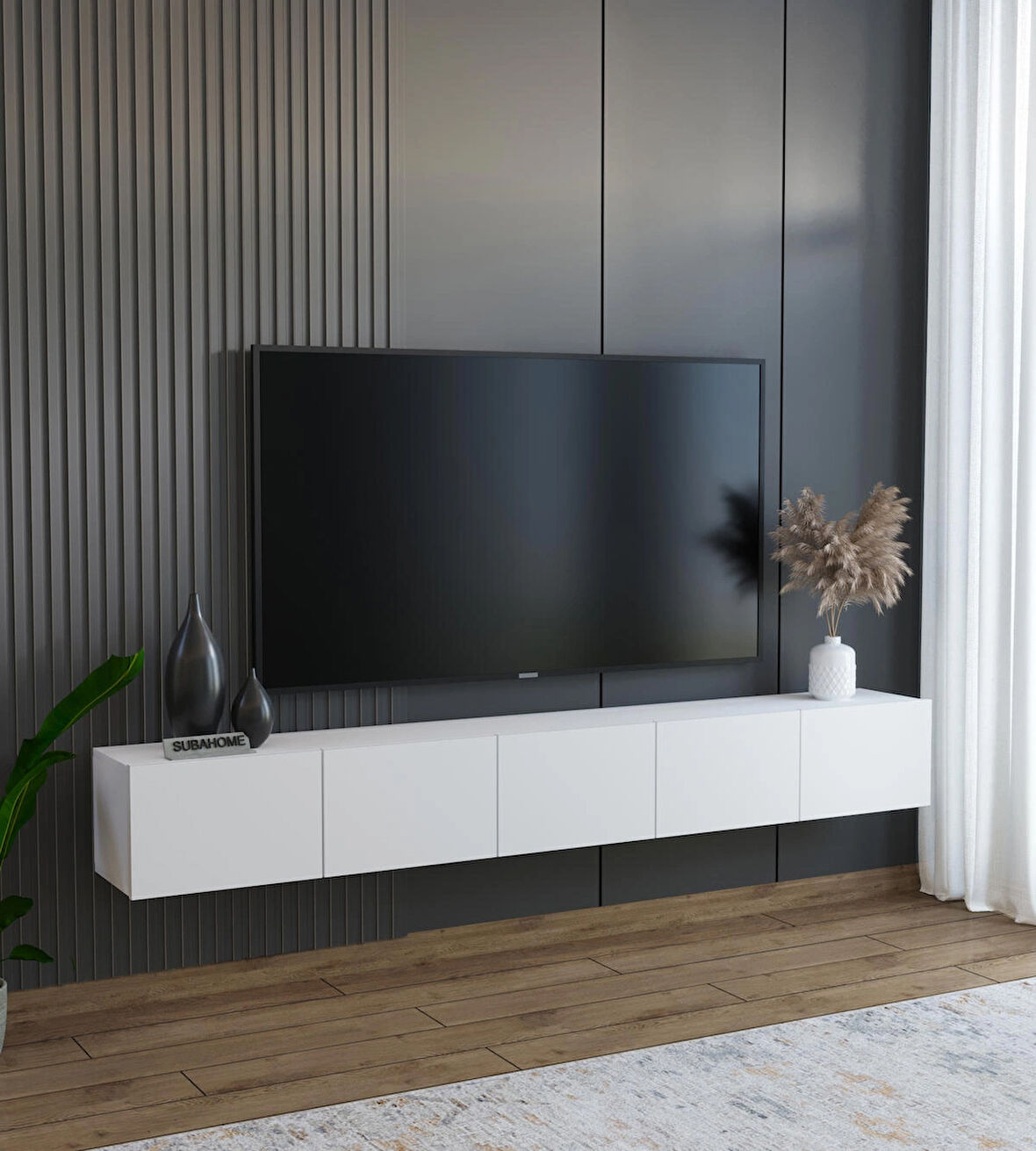 200 cm MDF 5 Kapaklı Dolaplı Minimalist Beyaz Duvara Monte TV Ünitesi