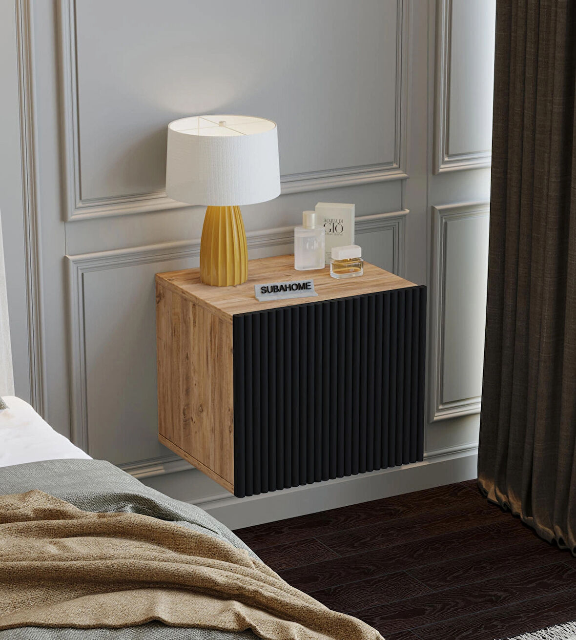 %100 Mdf - 40 cm Suba Home Duvara Monte Ahşap Dokulu Şık Siyah Kapaklı Komodin Modern Çok Amaçlı Dolap