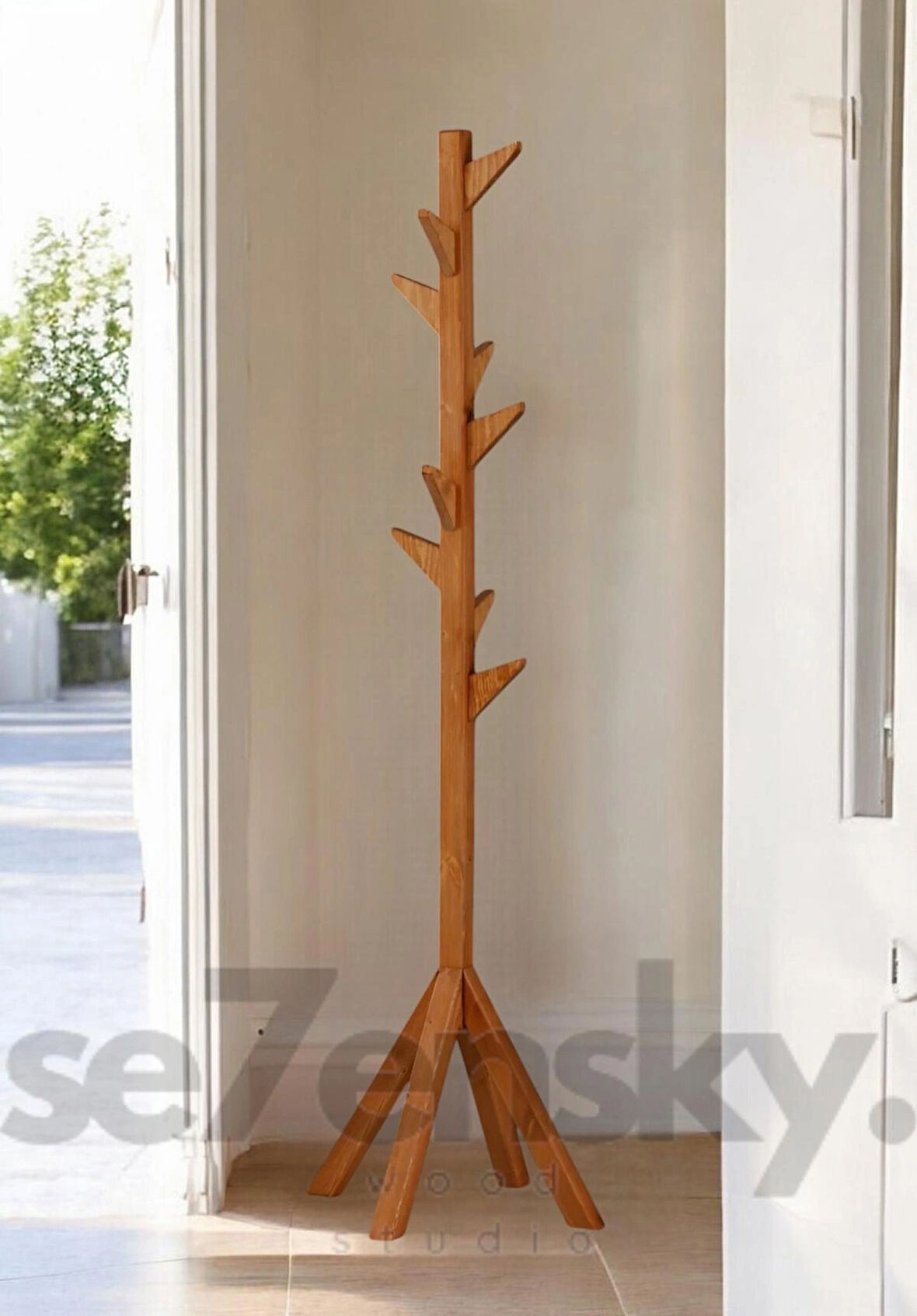 Ahşap Ayaklı Askılık Portmanto Modern Elbise Askısı 175 Cm Meşe