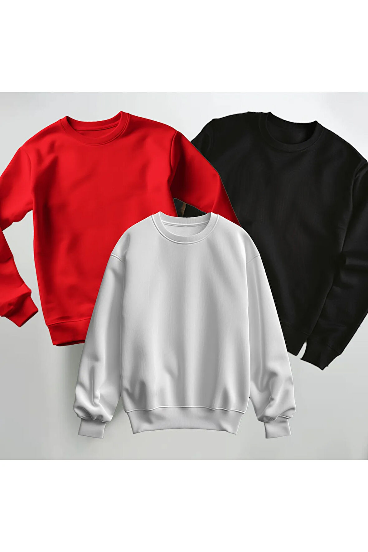 Oversize Unisex 3'lü Baskısız Bisiklet Yaka Sweatshirt Kalın Kumaş 3 İplik