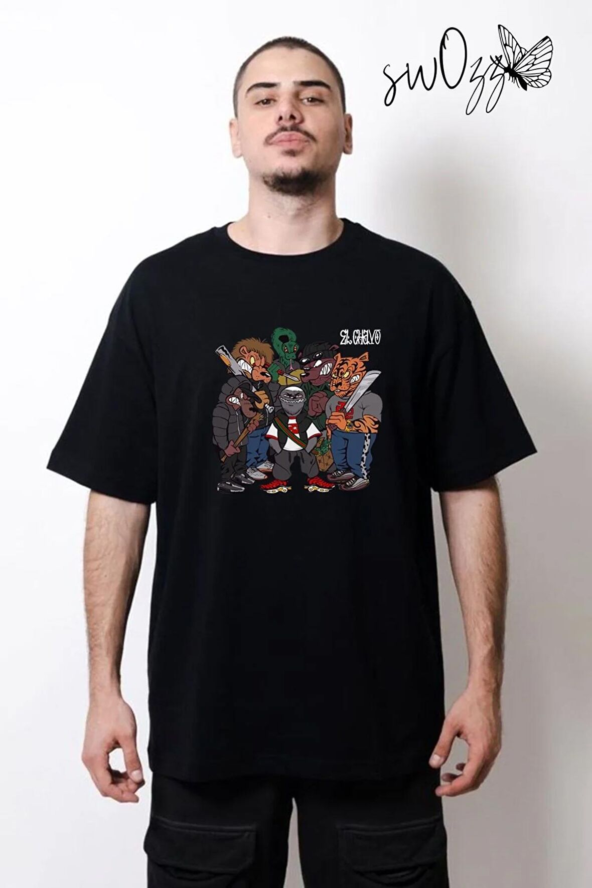 Uzi El Chavo Ön Ve Sırt Baskılı Unisex Siyah Tshirt