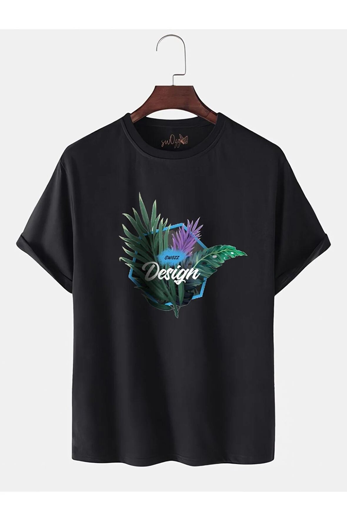 Design Tasarımlı Oversize Bol Kalıp Siyah Tshirt