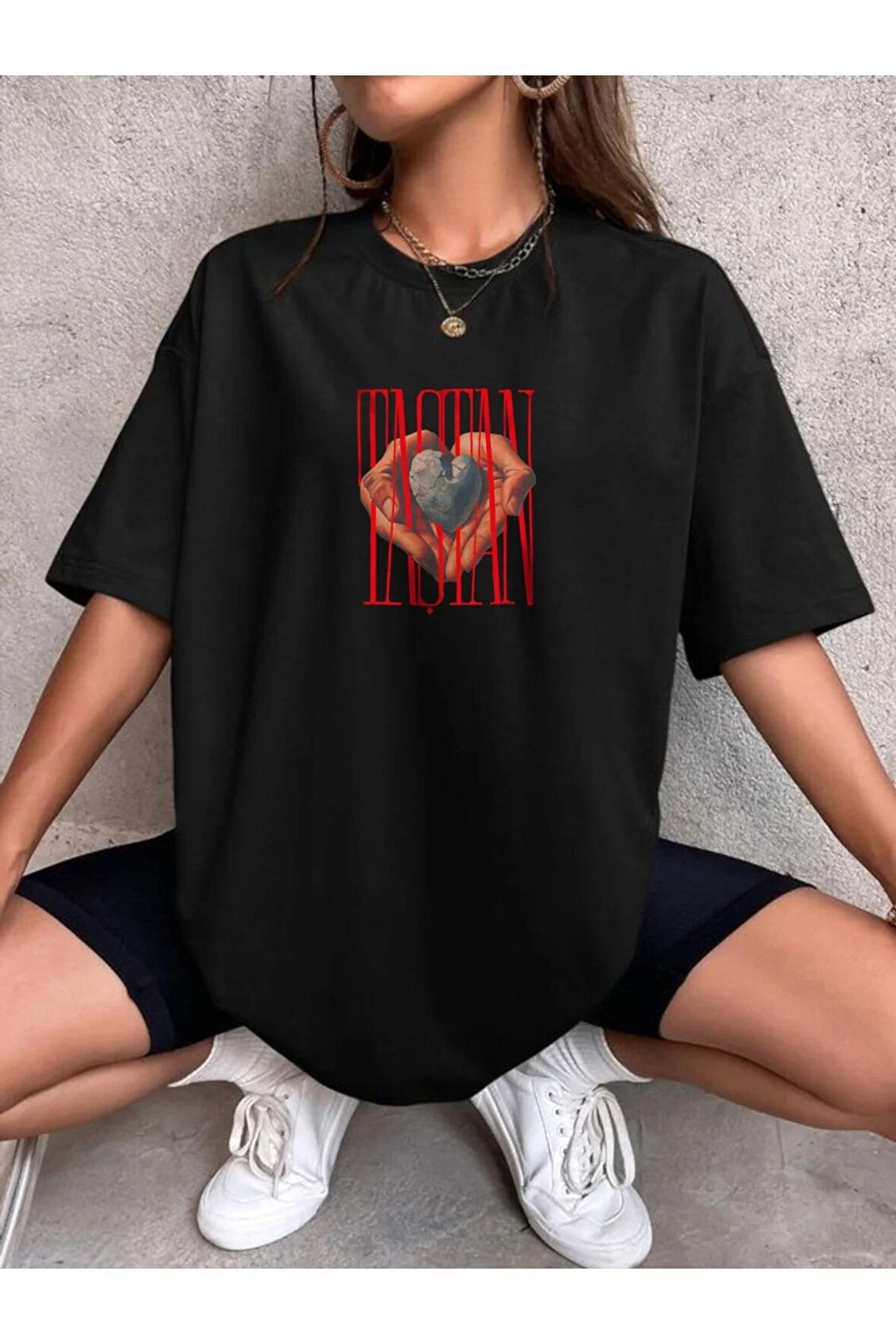 Ezhel Taştan Baskılı Oversize Siyah Tshirt