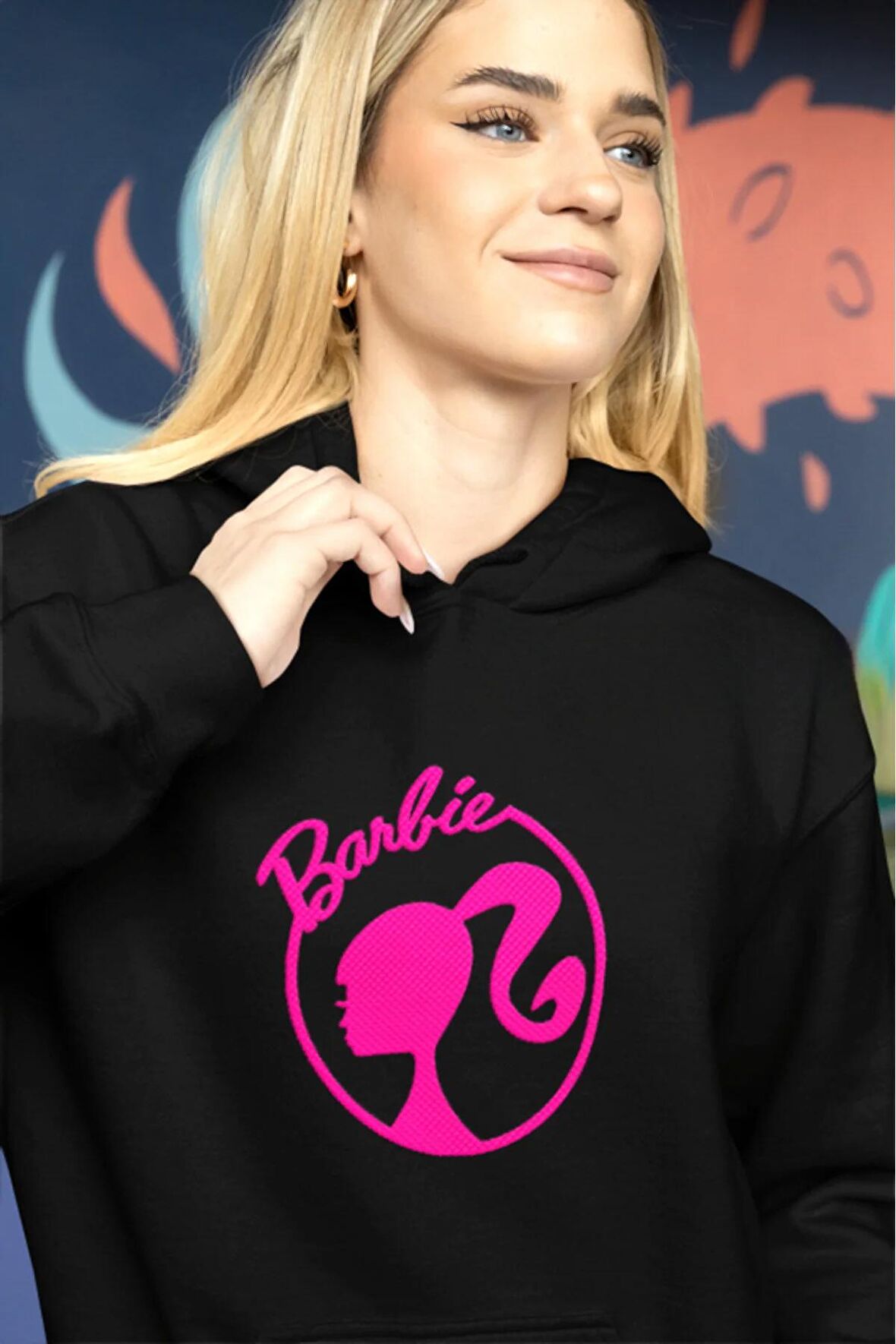 BARBİE ÖZEL TASARIM 3 İPLİK SİYAH OVERSIZE KAPÜŞONLU SWEATSHİRT HOODİE