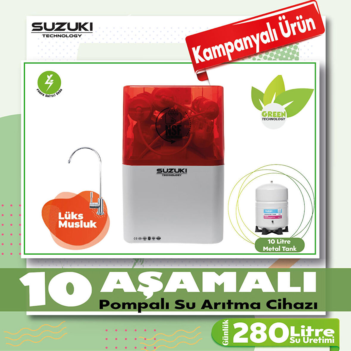 SUZUKI TECHNOLOGY 10 Aşamalı POMPALI Su Arıtma Cihazı,Çevre Dostu