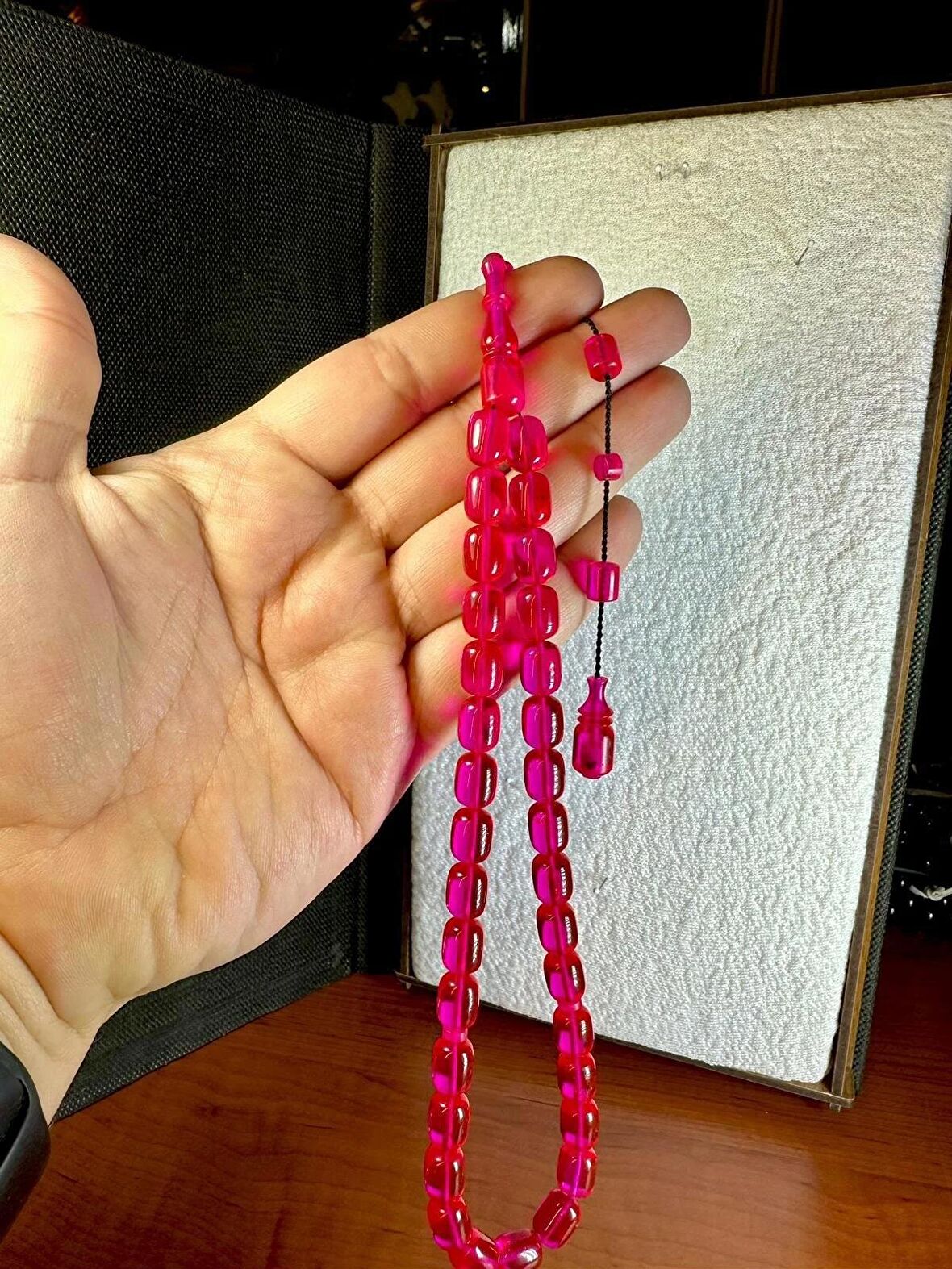 ATEŞ KEHRİBAR TESBİH PEMBE RENK KAPSÜL KESİM T-217