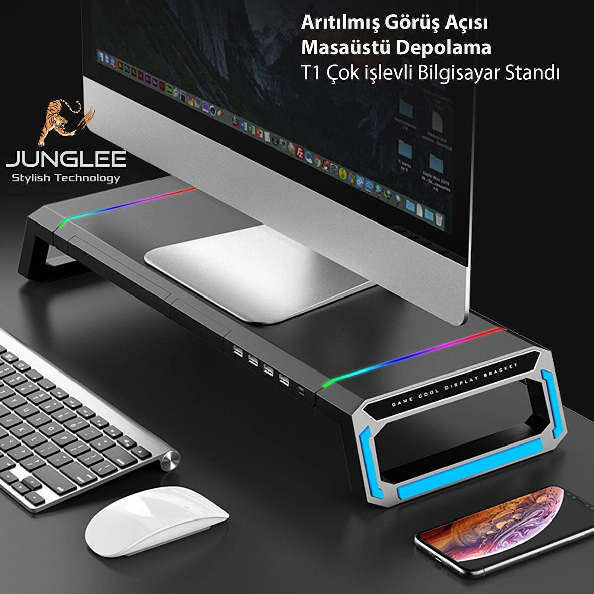 Laptop Sehpası RGB Işıklı Mönitör Standı Ekran Altlığı 4 Usb Hub Telefon Tutuculu