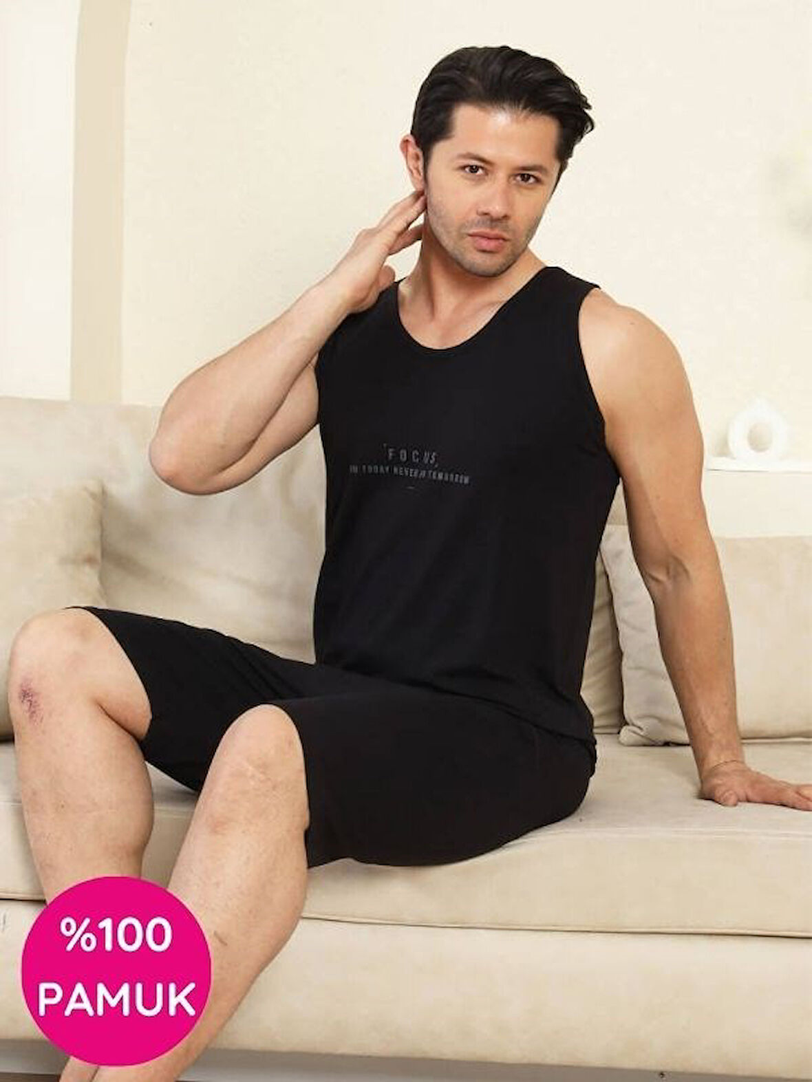 Erkek Bisiklet Yaka Düğmesiz %100 Pamuk Atlet Sporcu Kol Cepli Şortlu Pijama Takımı